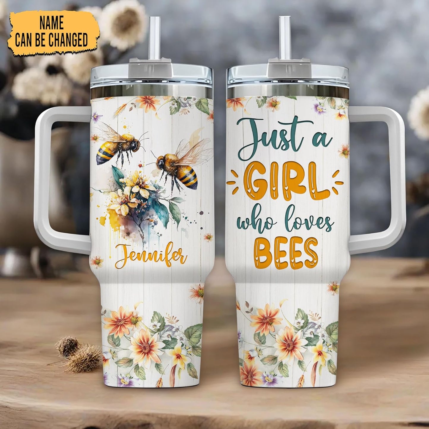 Bee Lover Tumbler 40oz with Handle & Straw – Personalized Stainless Steel Travel Mug with Lid – Cute Gift for Nature & Garden Lovers