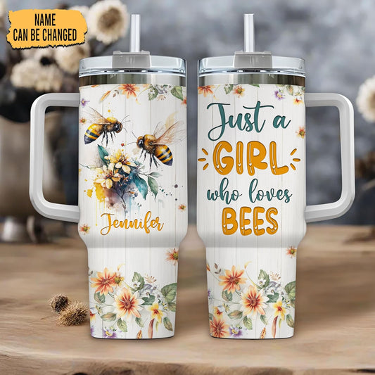 Bee Lover Tumbler 40oz with Handle & Straw – Personalized Stainless Steel Travel Mug with Lid – Cute Gift for Nature & Garden Lovers