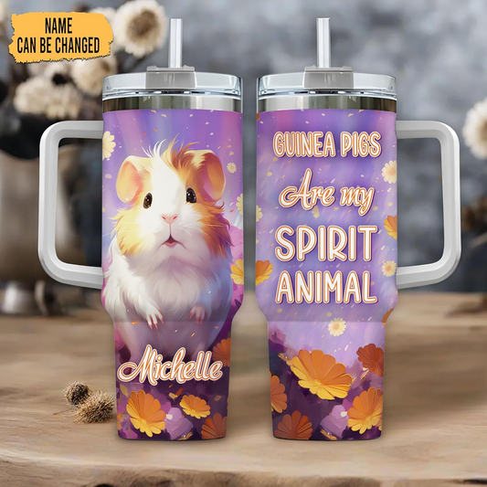 Guinea Pig Tumbler 40oz with Handle & Straw – Personalized Stainless Steel Cup with Lid – Cute Animal Lover Gift for Women & Girls