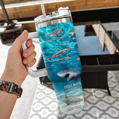 Shark Lover Tumbler 40oz with Handle & Straw – Personalized Stainless Steel Insulated Travel Cup with Lid – Sea Adventure Gift for Men & Kids