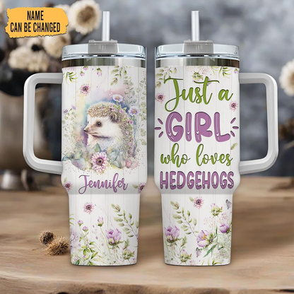Hedgehog Floral 40oz Tumbler with Handle & Straw – Personalized Stainless Steel Insulated Travel Cup with Lid – Unique Gift for Animal Lovers