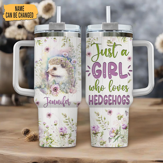 Hedgehog Floral 40oz Tumbler with Handle & Straw – Personalized Stainless Steel Insulated Travel Cup with Lid – Unique Gift for Animal Lovers