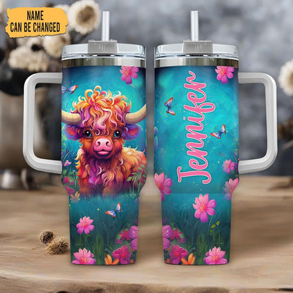 Highland Cow Floral Tumbler 40oz with Handle & Straw – Personalized Stainless Steel Insulated Cup with Lid – Creative Gift for Animal Lovers