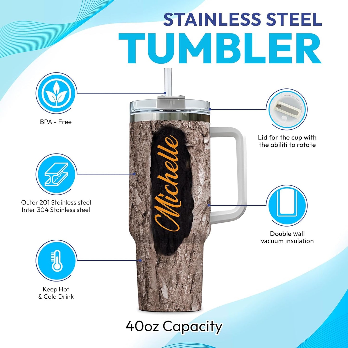 Realistic Owl Tree Hollow Tumbler 40oz with Handle & Straw – Personalized Stainless Steel Travel Cup with Lid – Unique Gift for Owl Lovers