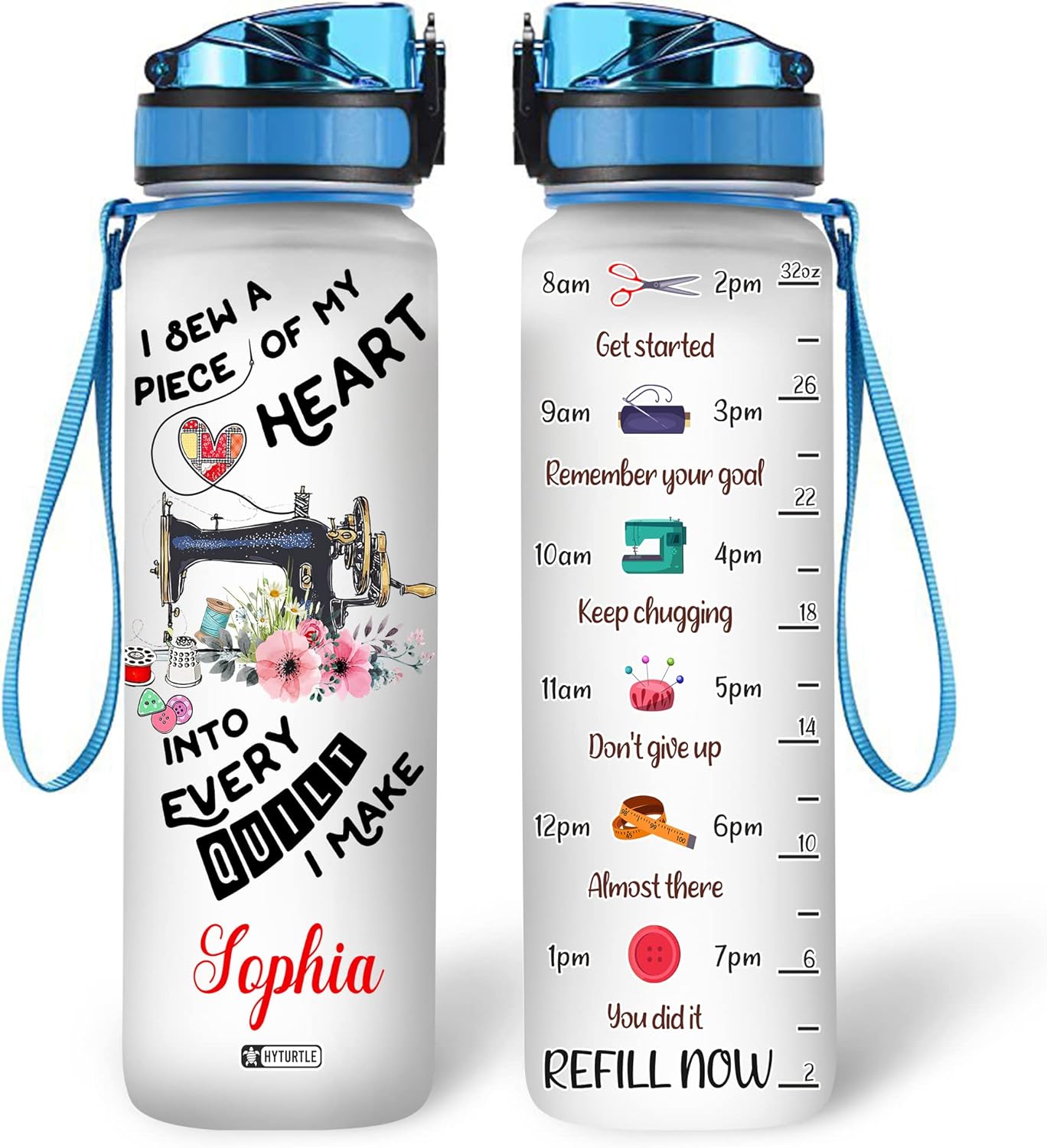 I Sew A Piece Of My Heart - Personalized Water Tracker Bottle 32oz