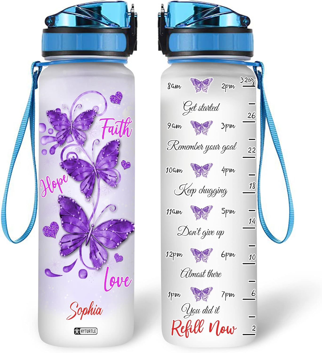 Purple Butterfly Bottle - Personalized Water Tracker Bottle 32oz