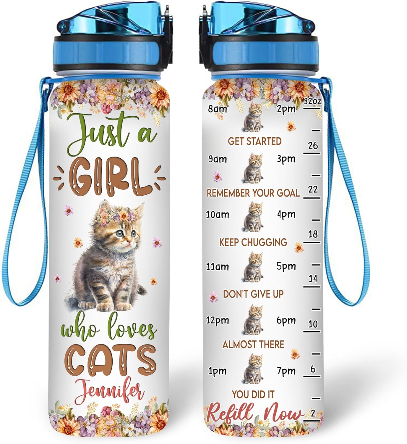 Cat Lover Water Bottle Tracker 32oz – Personalized Motivational Bottle with Time Marker – Cute Gift for Cat Moms & Girls