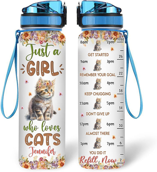 Cat Lover Water Bottle Tracker 32oz – Personalized Motivational Bottle with Time Marker – Cute Gift for Cat Moms & Girls