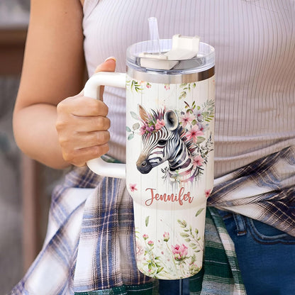 Zebra Floral Tumbler 40oz – Personalized Stainless Steel Insulated Cup with Handle & Straw – Creative Gift for Zebra Lovers