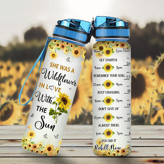 Wildflower Sunflower Water Bottle Tracker 32oz – Personalized Motivational Water Bottle with Time Marker – Gift for Women