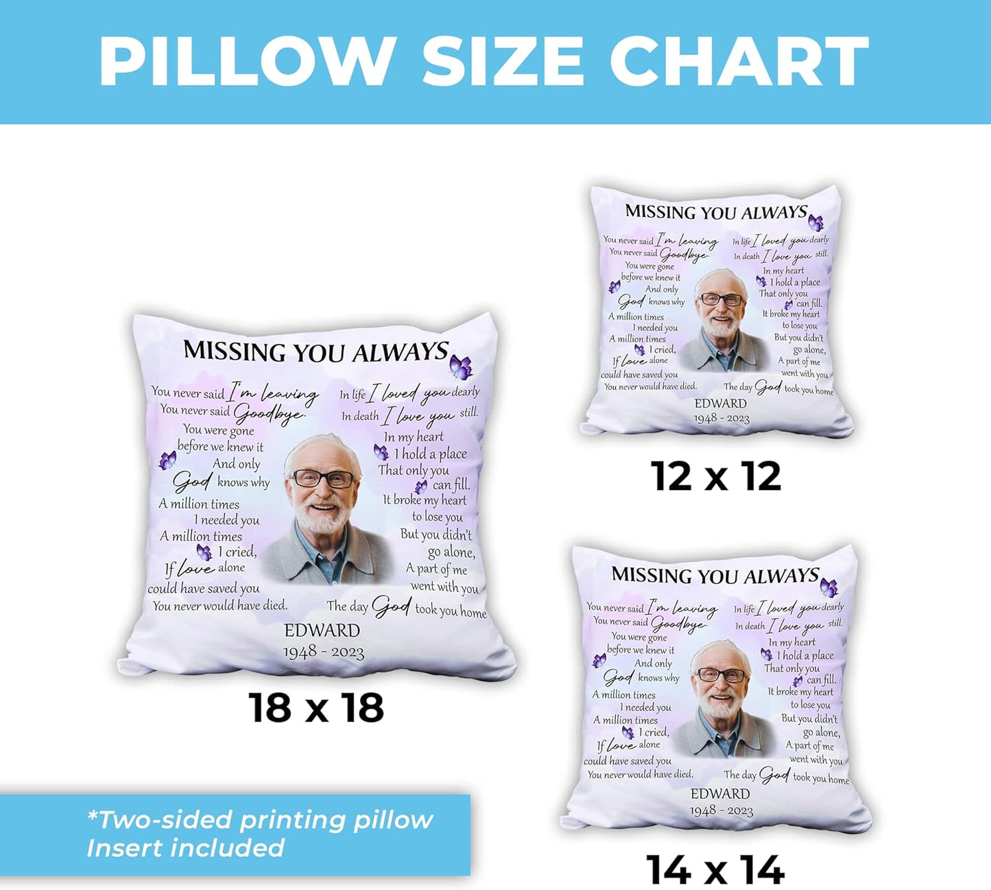 Butterfly Heaven Personalized Memorial Pillow with Insert – Custom Photo Remembrance Cushion – Healing Gift for Loss of Loved One