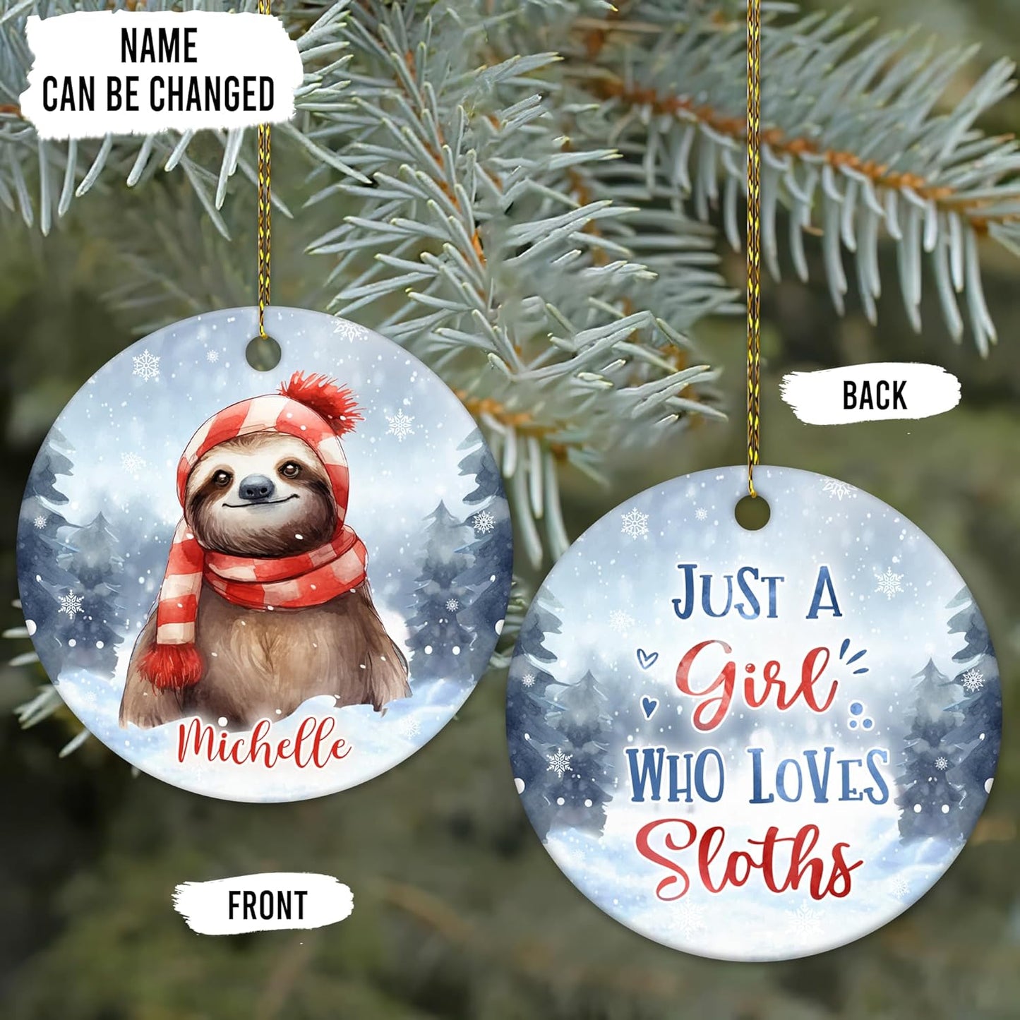 Snowy Sloth Scarf Ceramic Ornament – Personalized Name, Custom Christmas or Birthday Gift for Sloth Lover, Women and Teens