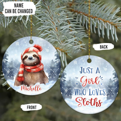 Snowy Sloth Scarf Ceramic Ornament – Personalized Name, Custom Christmas or Birthday Gift for Sloth Lover, Women and Teens