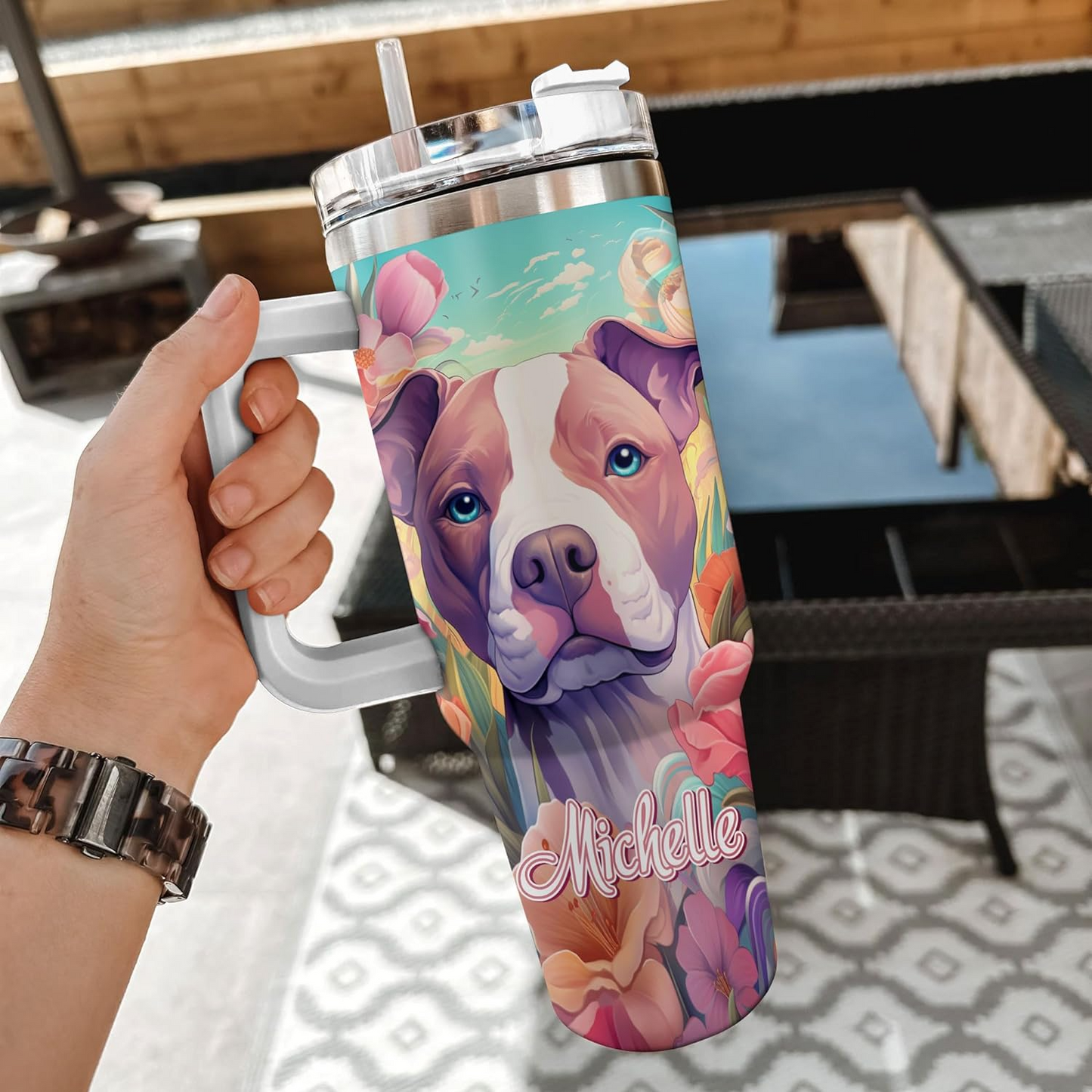 Pitbull Spirit Animal Tumbler 40oz – Personalized Stainless Steel Insulated Cup with Handle & Straw – Stylish Gift for Dog Lovers