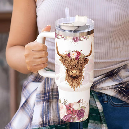 Highland Cow Floral Tumbler 40oz – Personalized Stainless Steel Insulated Cup with Handle & Straw – Unique Gift for Cow Lovers