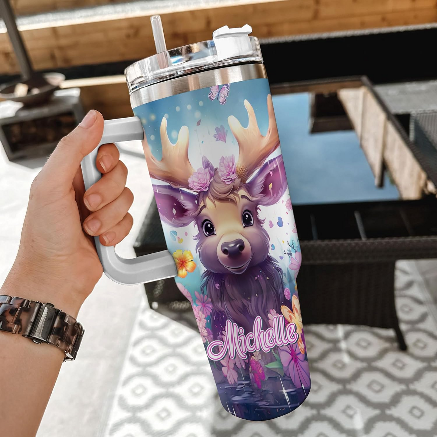 Moose Tumbler 40oz with Handle & Straw – Personalized Stainless Steel Cup with Lid – Cute Woodland Animal Gift for Women & Girls
