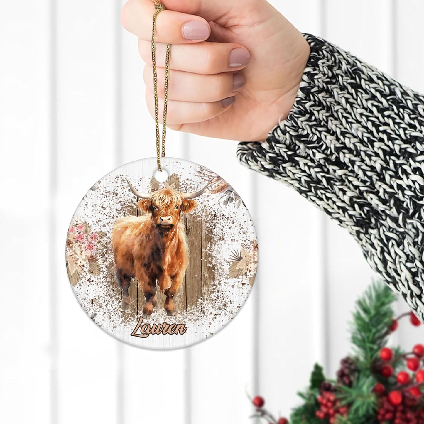 Highland Cow Floral Rustic Ceramic Ornament – Personalized Custom Name Circle Keepsake, Christmas or Birthday Gift for Highland Cow Lover Women