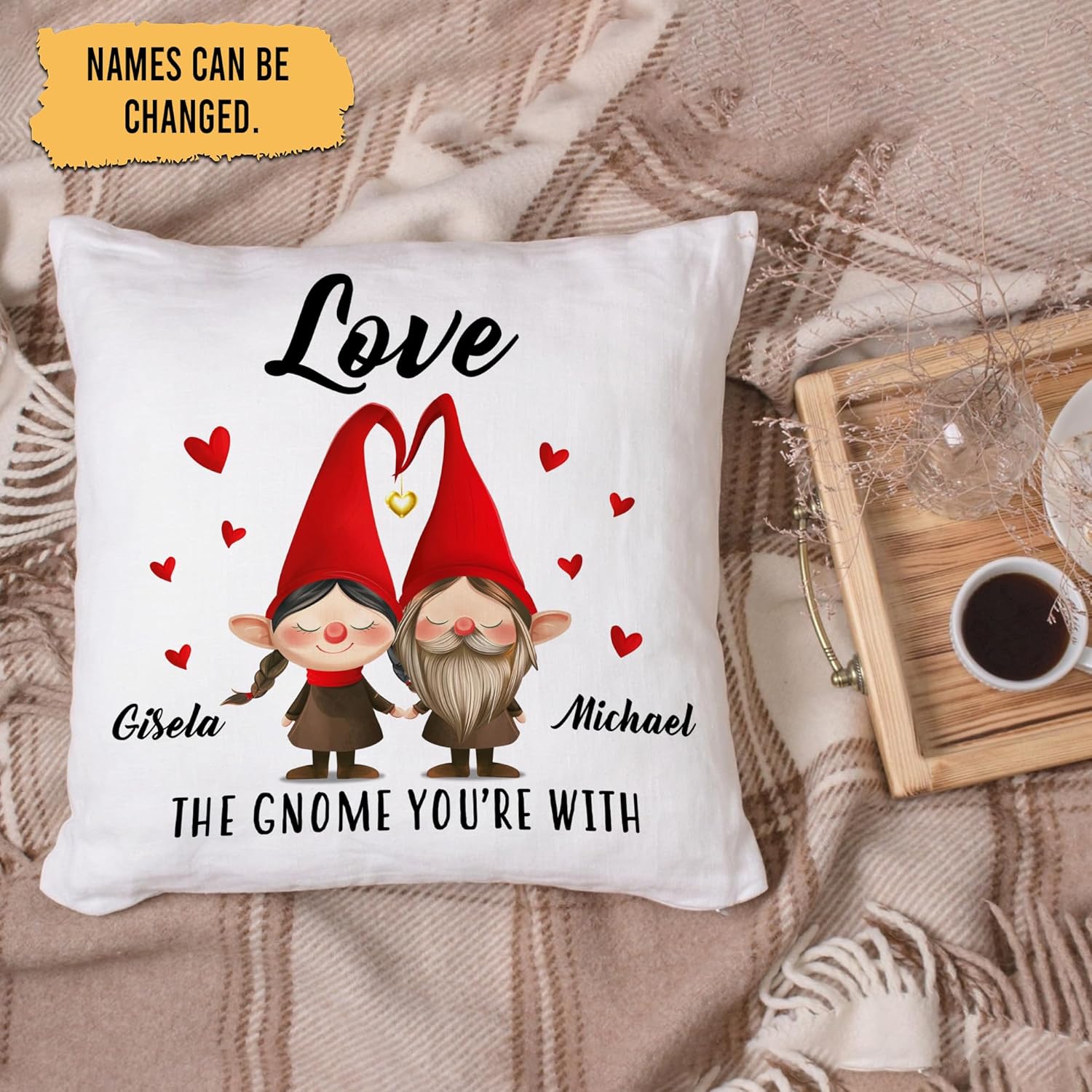 Gnome Couple Love Personalized Pillow with Insert – Cute Valentine’s Day Cushion – Anniversary Gift for Wife or Husband