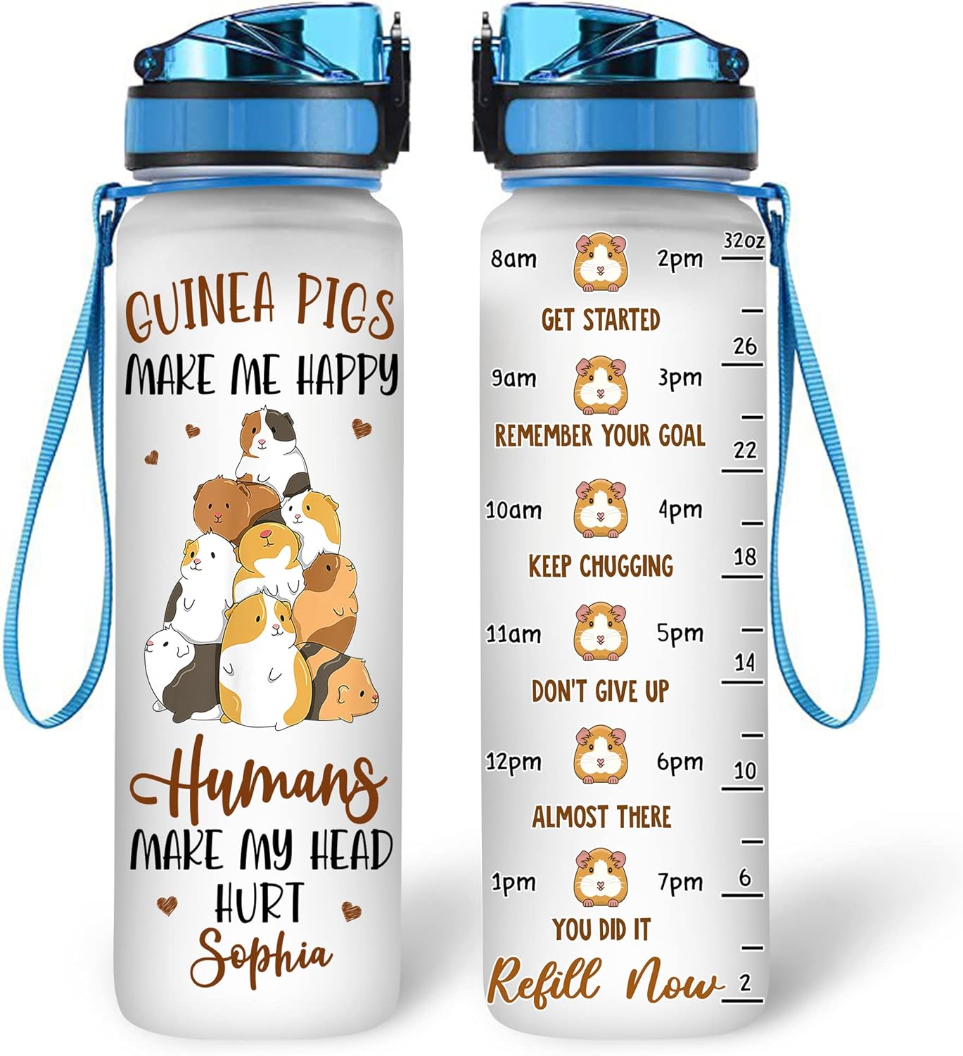 Guinea Pig Lovers Water Bottle Tracker 32oz – Personalized Daily Bottle with Time Marker – Cute Gift for Women Girls