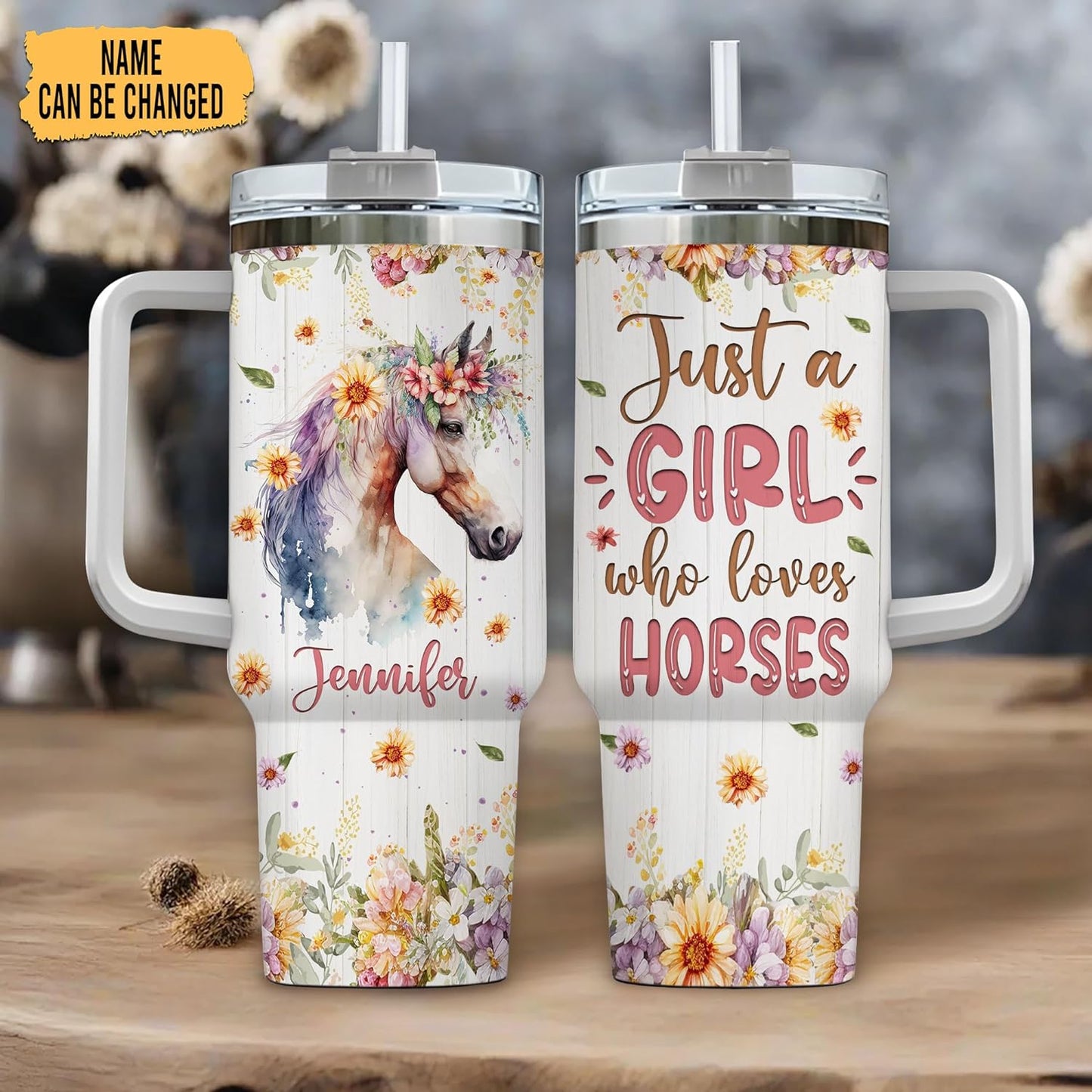Horse Lover Tumbler 40oz with Handle & Straw – Personalized Stainless Steel Insulated Travel Cup with Lid – Stylish Gift for Equestrian Fans