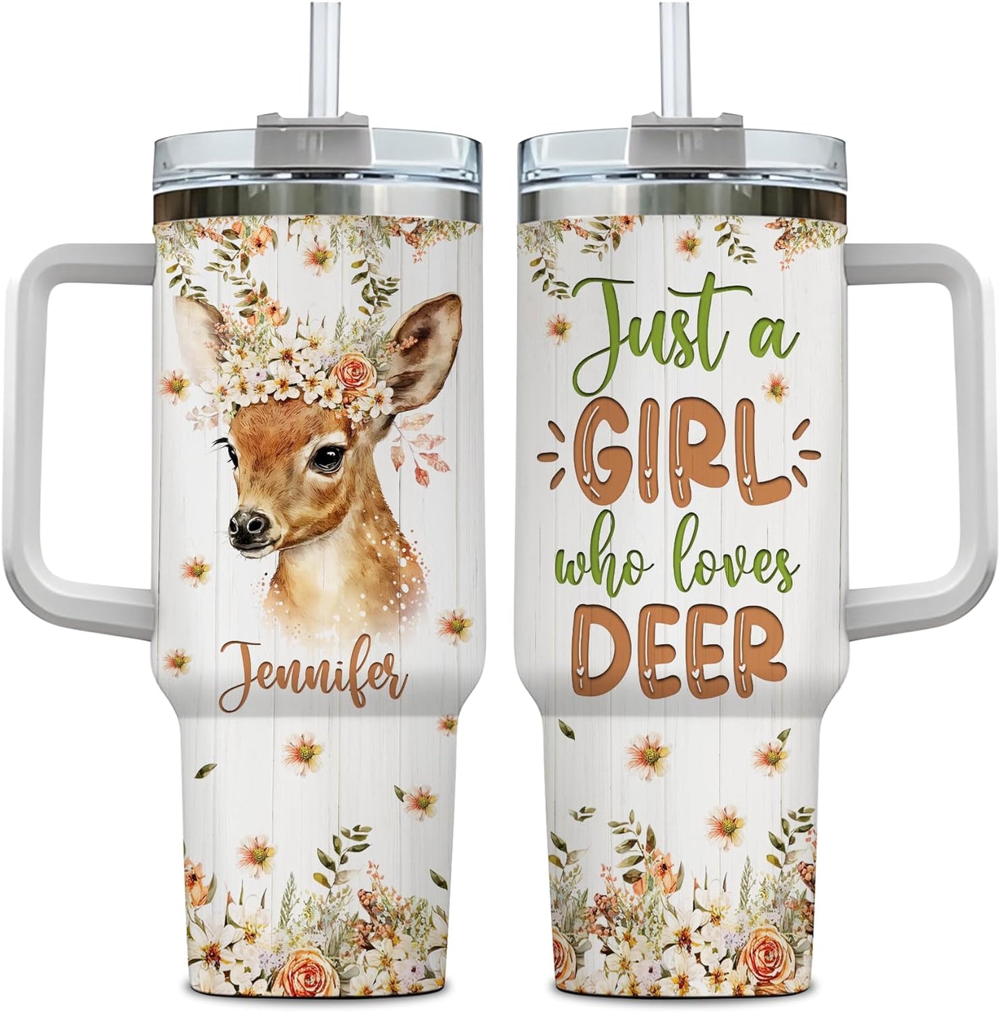 Woodland Deer 40oz Tumbler with Handle & Straw – Personalized Stainless Steel Insulated Travel Cup with Lid – Creative Gift for Nature Lovers