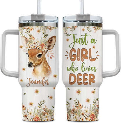 Woodland Deer 40oz Tumbler with Handle & Straw – Personalized Stainless Steel Insulated Travel Cup with Lid – Creative Gift for Nature Lovers