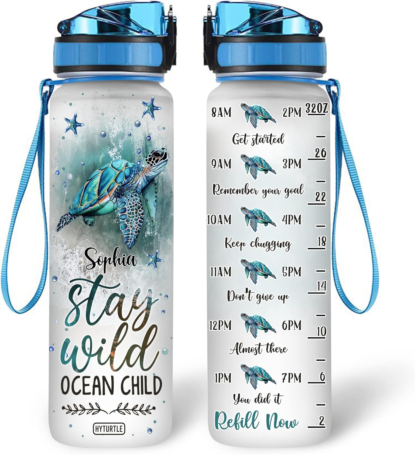 Ocean Child Turtle Water Bottle Tracker 32oz Personalized – Beach Sea Life Design Hydration Bottle with Time Marker – Unique Gift for Women