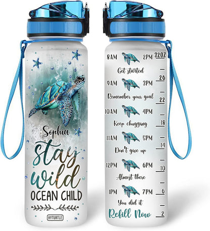 Ocean Child Turtle Water Bottle Tracker 32oz Personalized – Beach Sea Life Design Hydration Bottle with Time Marker – Unique Gift for Women