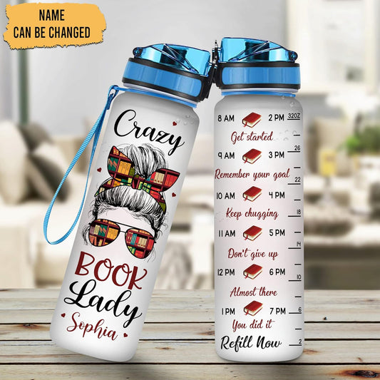 Crazy Book Lady Water Bottle Tracker 32oz – Personalized Motivational Hydration Bottle – Fun Gift for Reading Lovers
