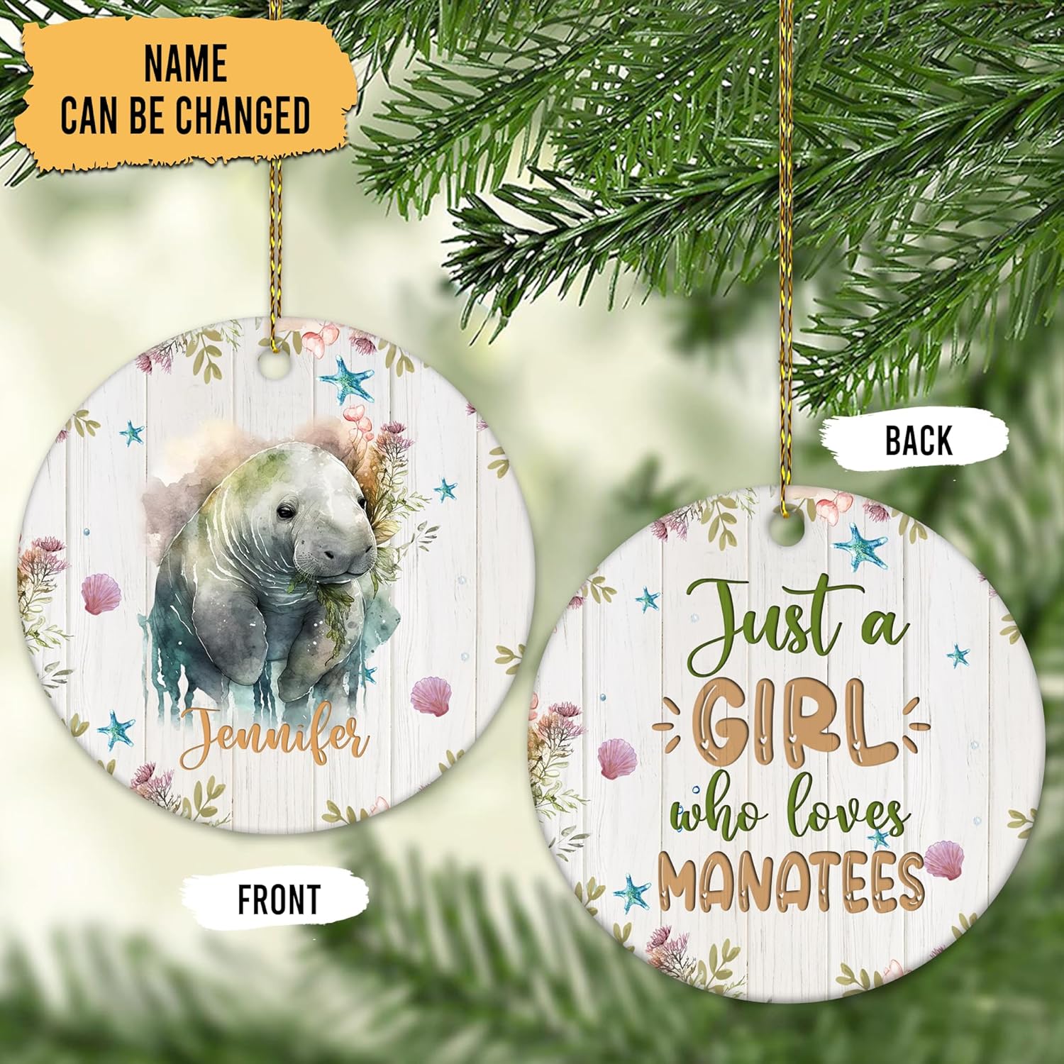 Manatee Ceramic Ornament – Personalized Just A Girl Who Loves Manatees Holiday Keepsake – Sea Animal Gift for Women