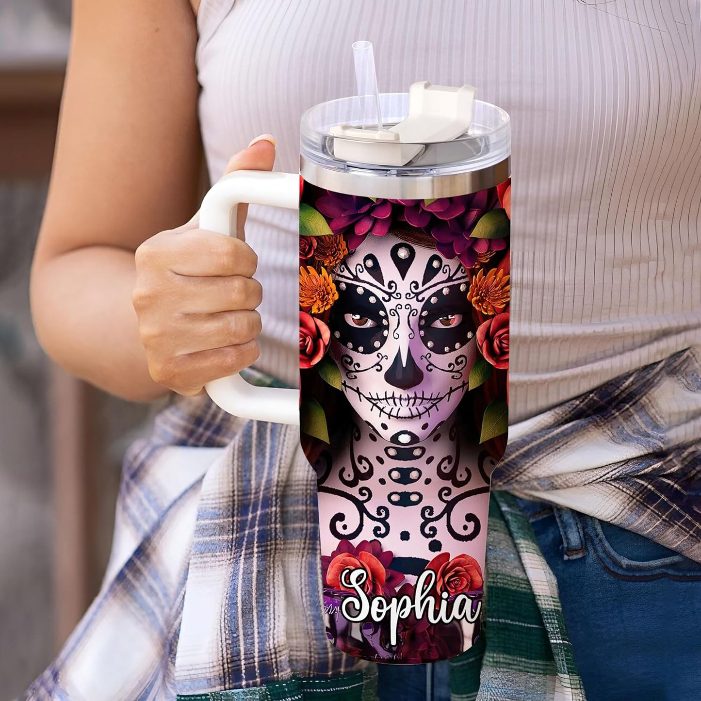 Sugar Skull Tumbler 40oz – Personalized Stainless Steel Insulated Cup with Handle & Straw, Leak-Proof Lid – Artistic Gothic Gift for Day of the Dead Lovers