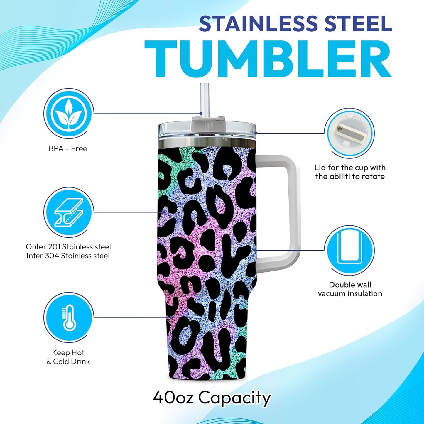 Colorful Leopard Print Tumbler 40oz with Handle & Straw – Personalized Stainless Steel Insulated Cup with Lid – Creative Gift for Women