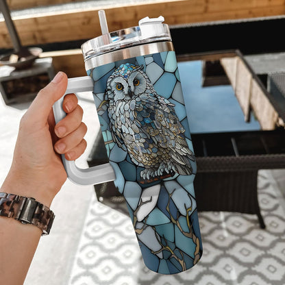 Blue Mosaic Owl Tumbler 40oz with Handle & Straw – Personalized Stainless Steel Insulated Travel Cup with Lid – Stylish Gift for Owl Lovers