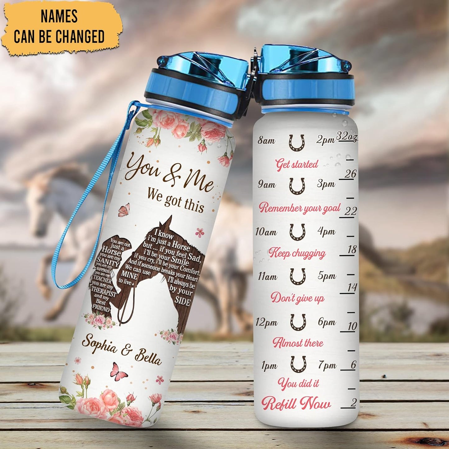 Horse Lovers “You & Me We Got This” Water Bottle Tracker 32oz – Personalized Motivational Bottle with Time Marker – Romantic Gift