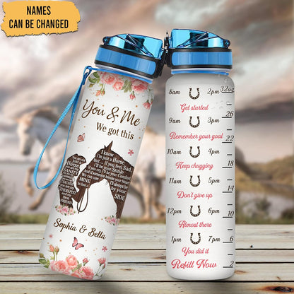 Horse Lovers “You & Me We Got This” Water Bottle Tracker 32oz – Personalized Motivational Bottle with Time Marker – Romantic Gift