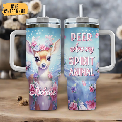 Floral Deer Tumbler 40oz with Handle & Straw – Personalized Stainless Steel Insulated Cup with Lid – Cute Animal Gift for Women & Girls