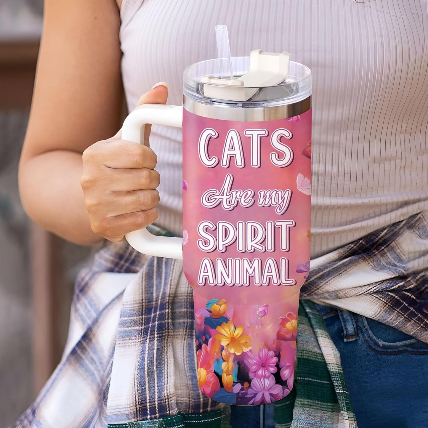 Black Cat Lover Tumbler 40oz with Handle & Straw – Personalized Stainless Steel Insulated Travel Cup with Lid – Cute Birthday & Christmas Gift for Cat Lovers