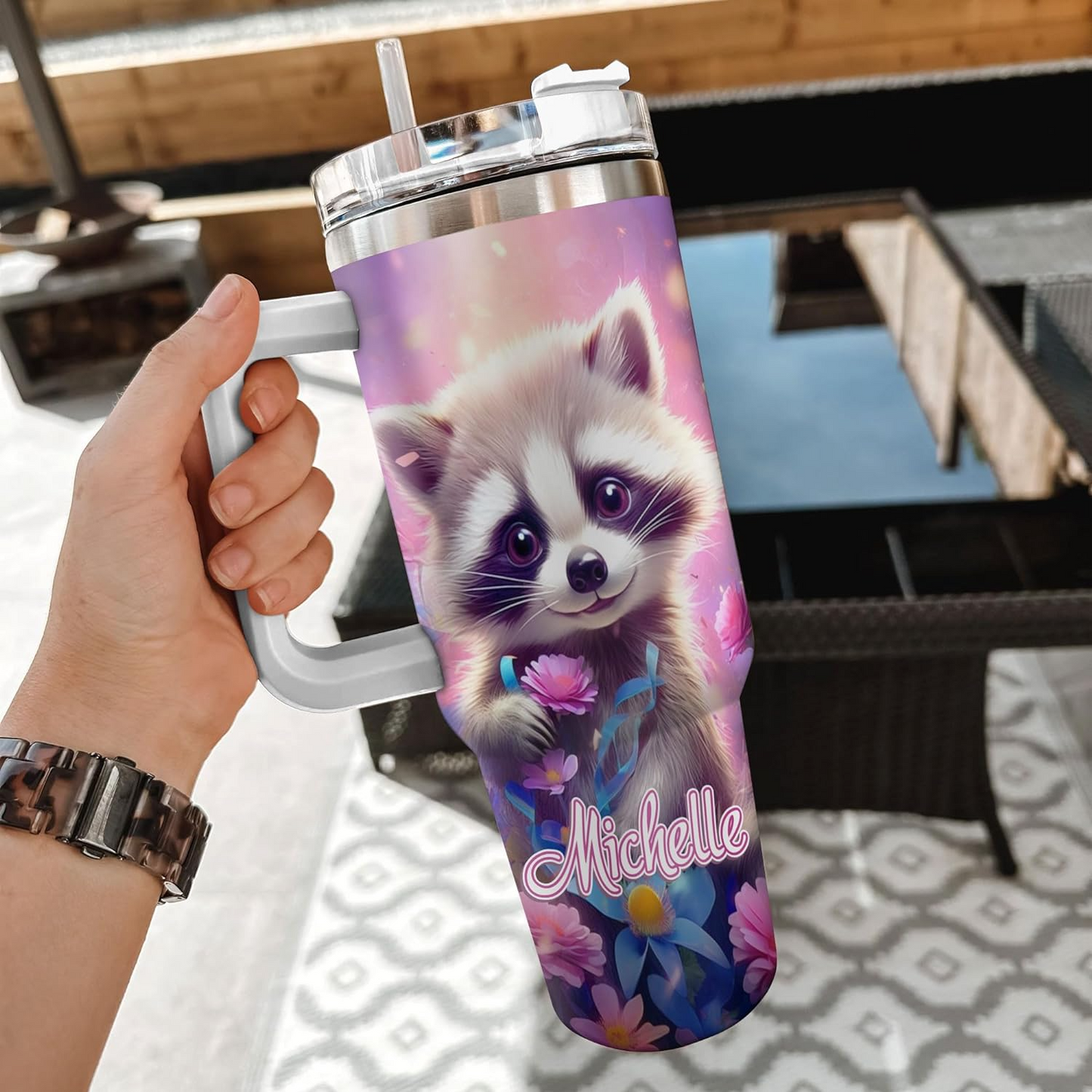 Raccoon Lover Tumbler 40oz with Handle & Straw – Personalized Stainless Steel Insulated Travel Cup with Lid – Unique Gift for Animal Lovers