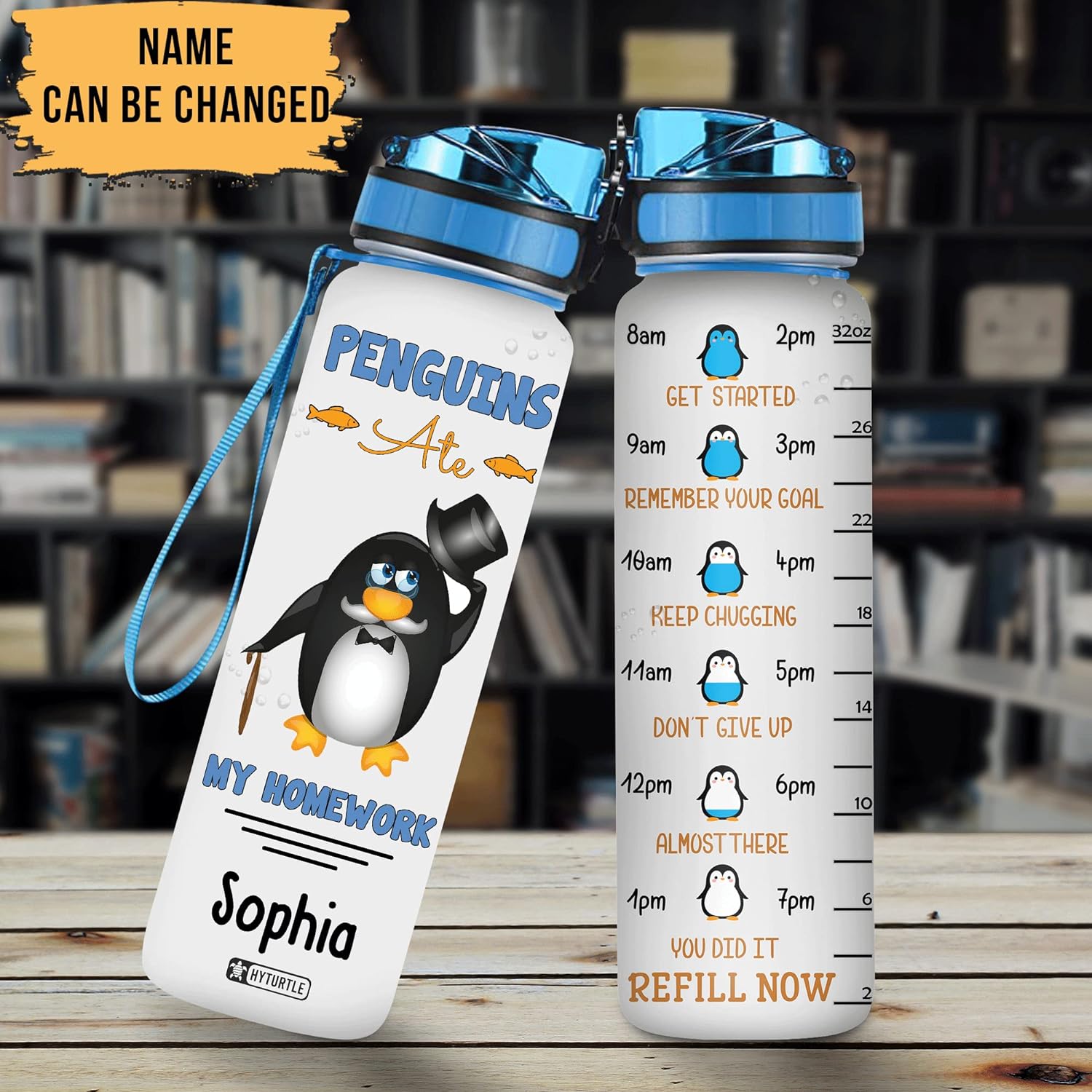 Penguin Ate My Homework - Personalized Water Tracker Bottle 32oz