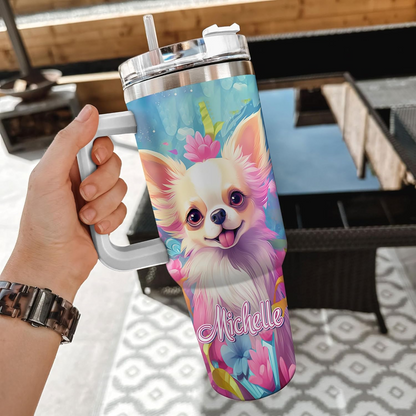 Cute Chihuahua Lover Tumbler 40oz with Handle & Straw – Personalized Stainless Steel Travel Cup with Lid – Stylish Gift for Dog Lovers