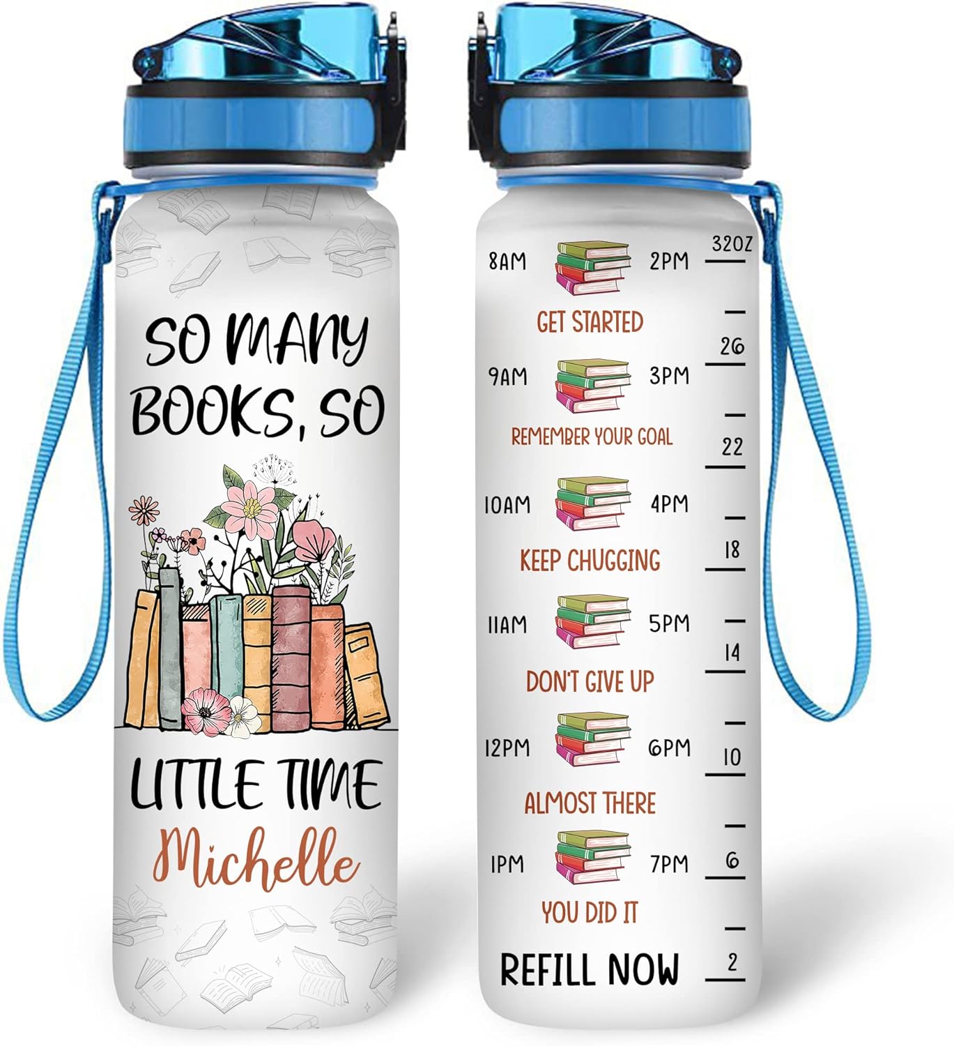 So Many Books Theme Water Bottle Tracker 32oz – Personalized Motivational Bottle with Time Marker – Thoughtful Gift for Readers