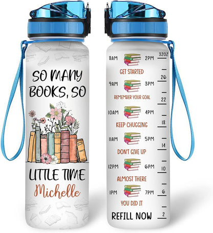 So Many Books Theme Water Bottle Tracker 32oz – Personalized Motivational Bottle with Time Marker – Thoughtful Gift for Readers