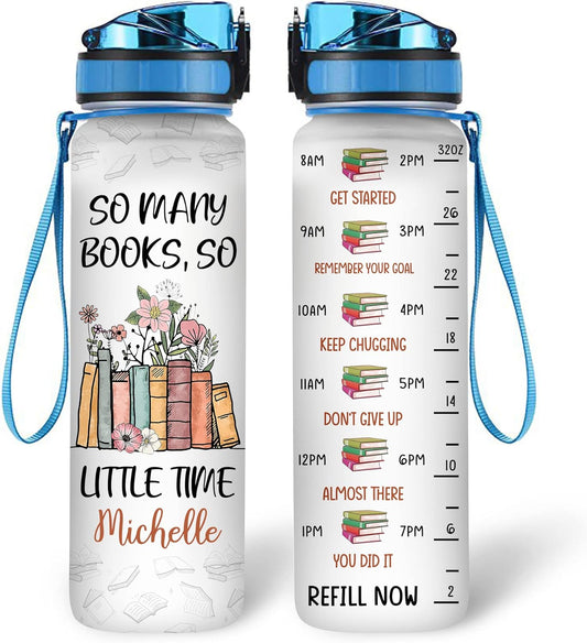So Many Books Theme Water Bottle Tracker 32oz – Personalized Motivational Bottle with Time Marker – Thoughtful Gift for Readers