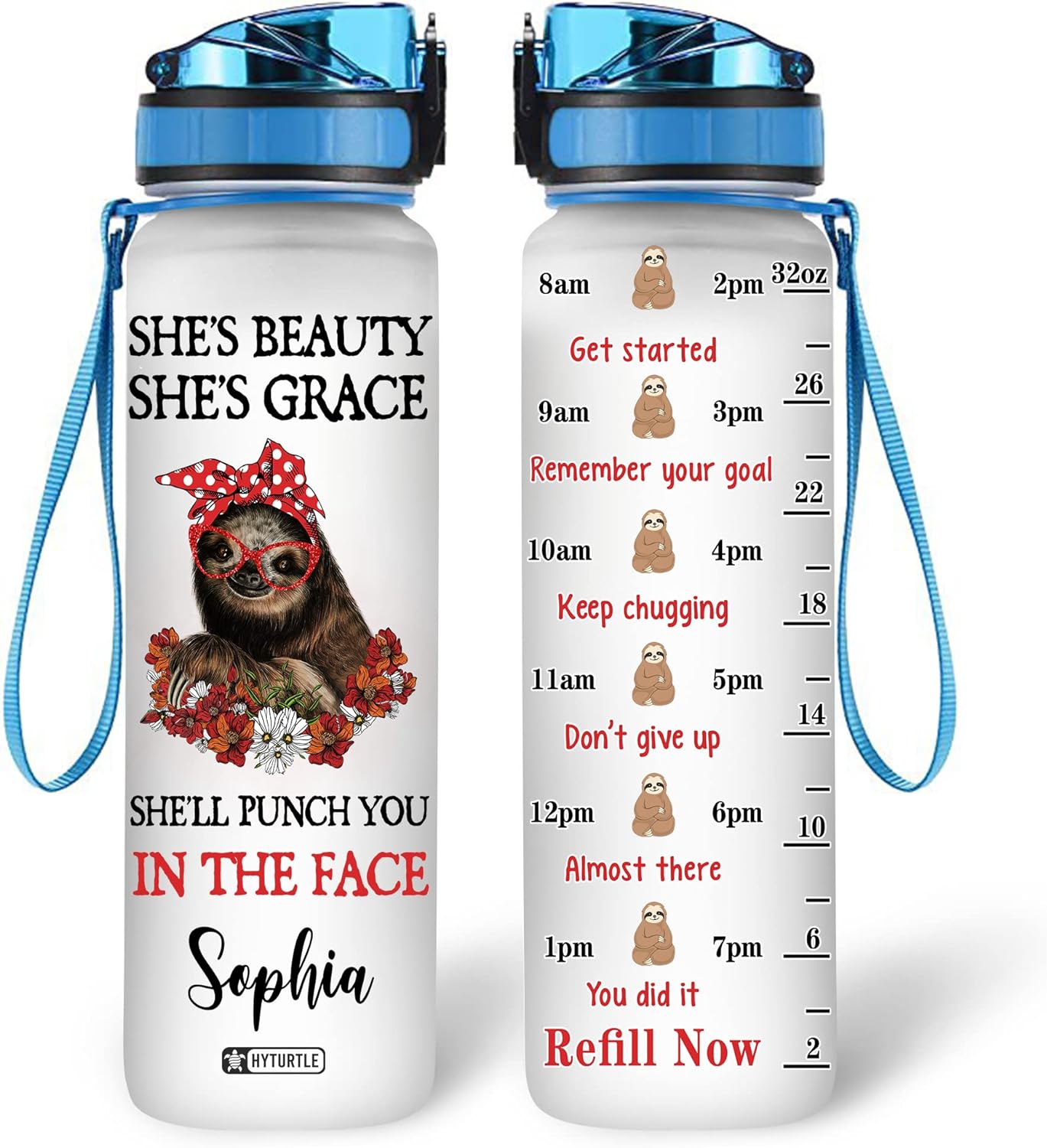 Funny Sloth Water Bottle Tracker 32oz – Personalized Motivational Bottle with Time Marker – Unique Cute Gift for Sloth Lovers