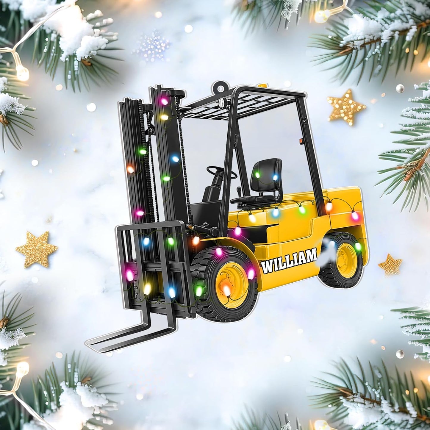Forklift truck lights cut acrylic ornament – personalized 2D flat silhouette, custom name Christmas gift for warehouse worker, operator or logistics pro