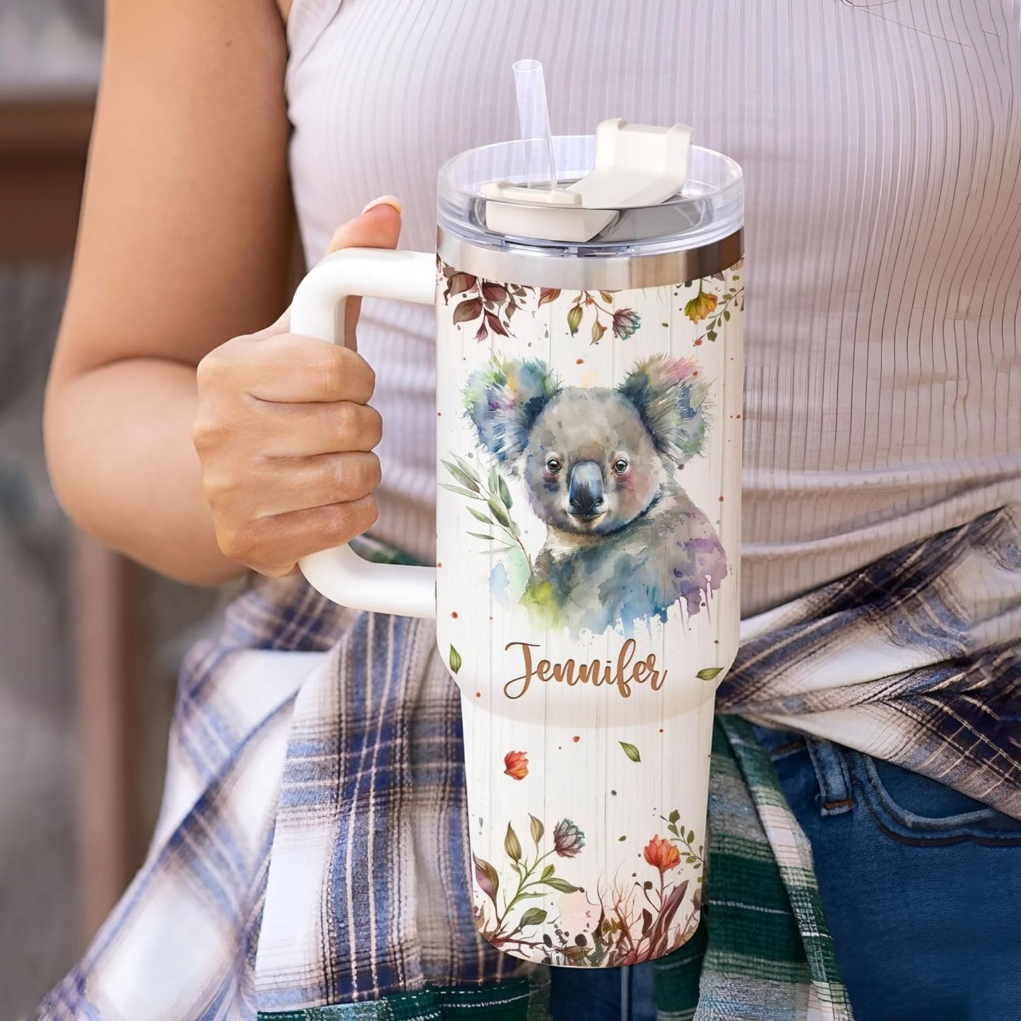 Koala Lover Tumbler 40oz with Handle & Straw – Personalized Stainless Steel Insulated Travel Cup with Lid – Adorable Gift for Wildlife Fans