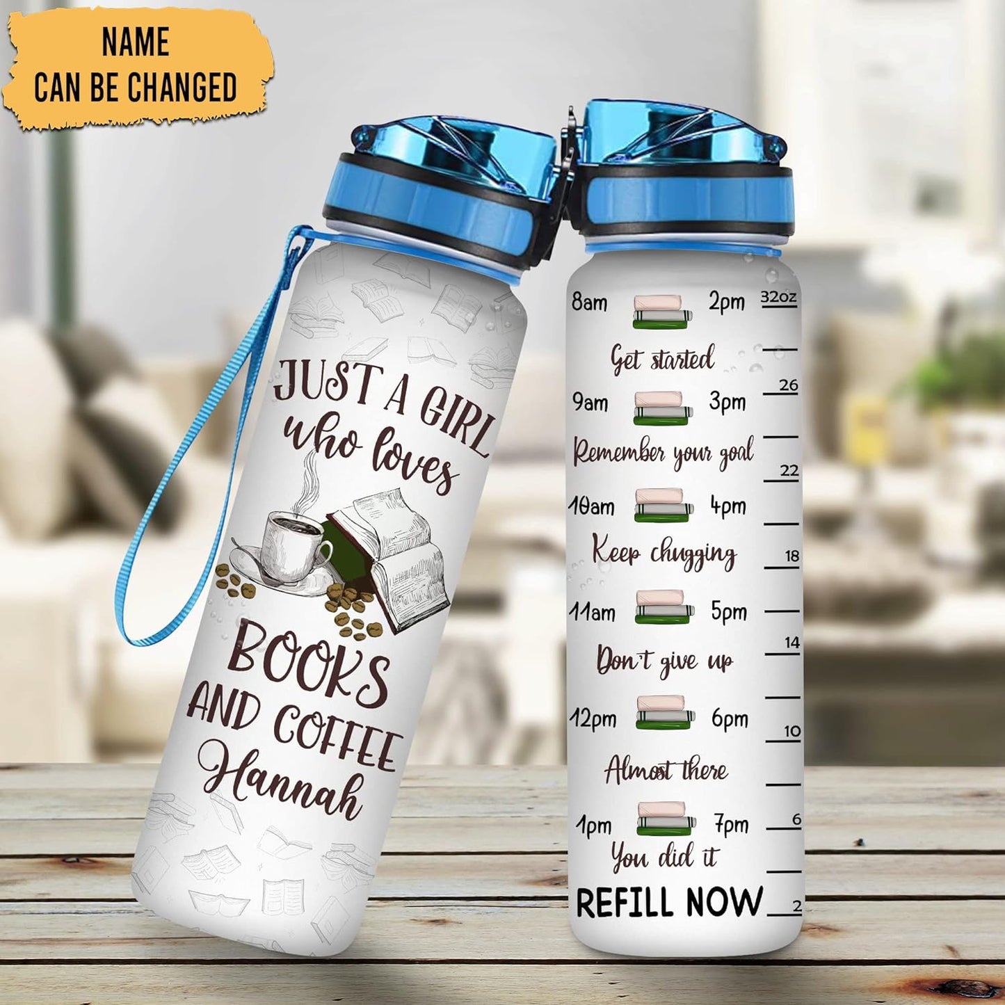 Books & Coffee Theme Water Bottle Tracker 32oz – Personalized Motivational Bottle with Time Marker – Cozy Gift for Reading Lovers