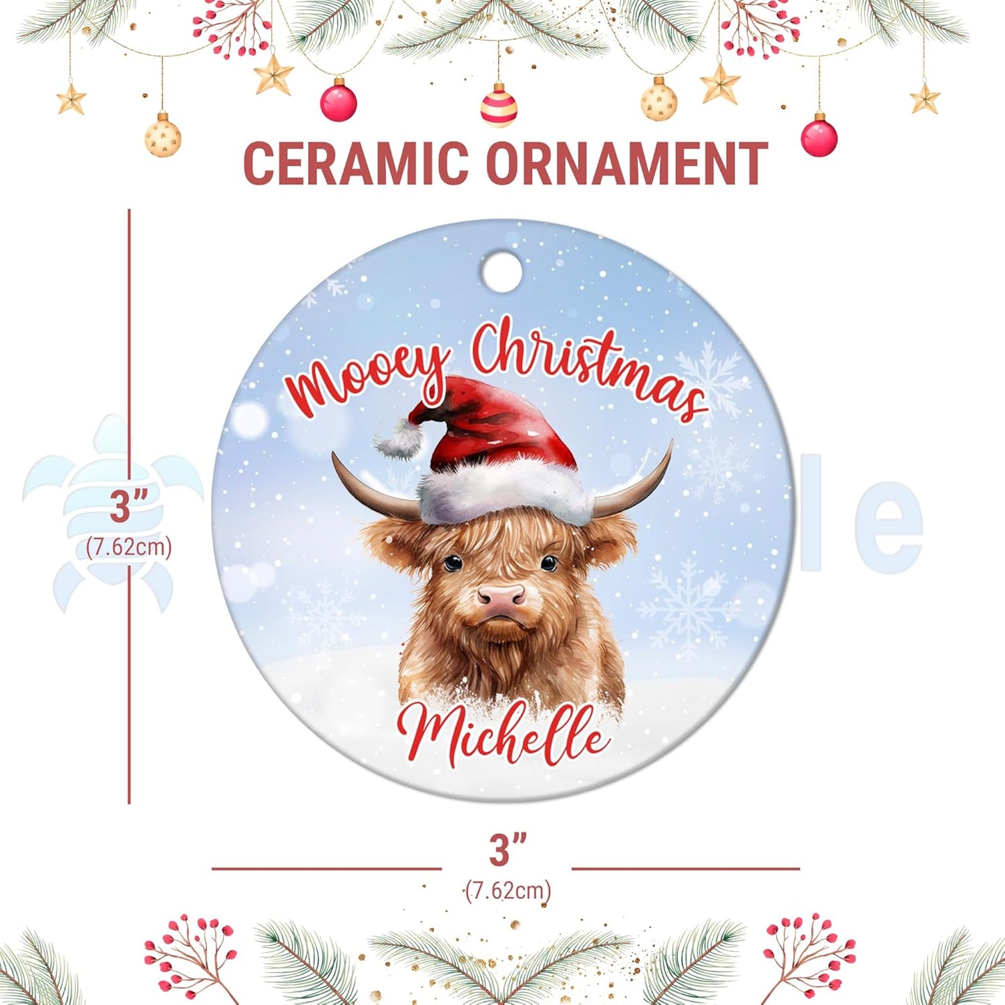 Highland Cow Santa Hat Ceramic Circle Ornament – Personalized Christmas Gift for Cow Lover, Farmhouse Tree Decor Keepsake for Her