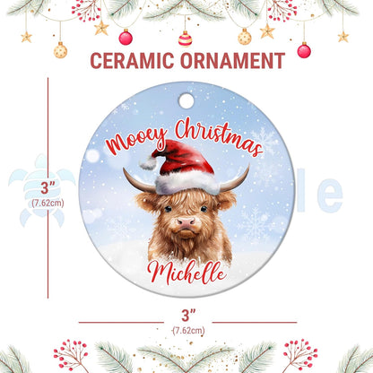 Highland Cow Santa Hat Ceramic Circle Ornament – Personalized Christmas Gift for Cow Lover, Farmhouse Tree Decor Keepsake for Her