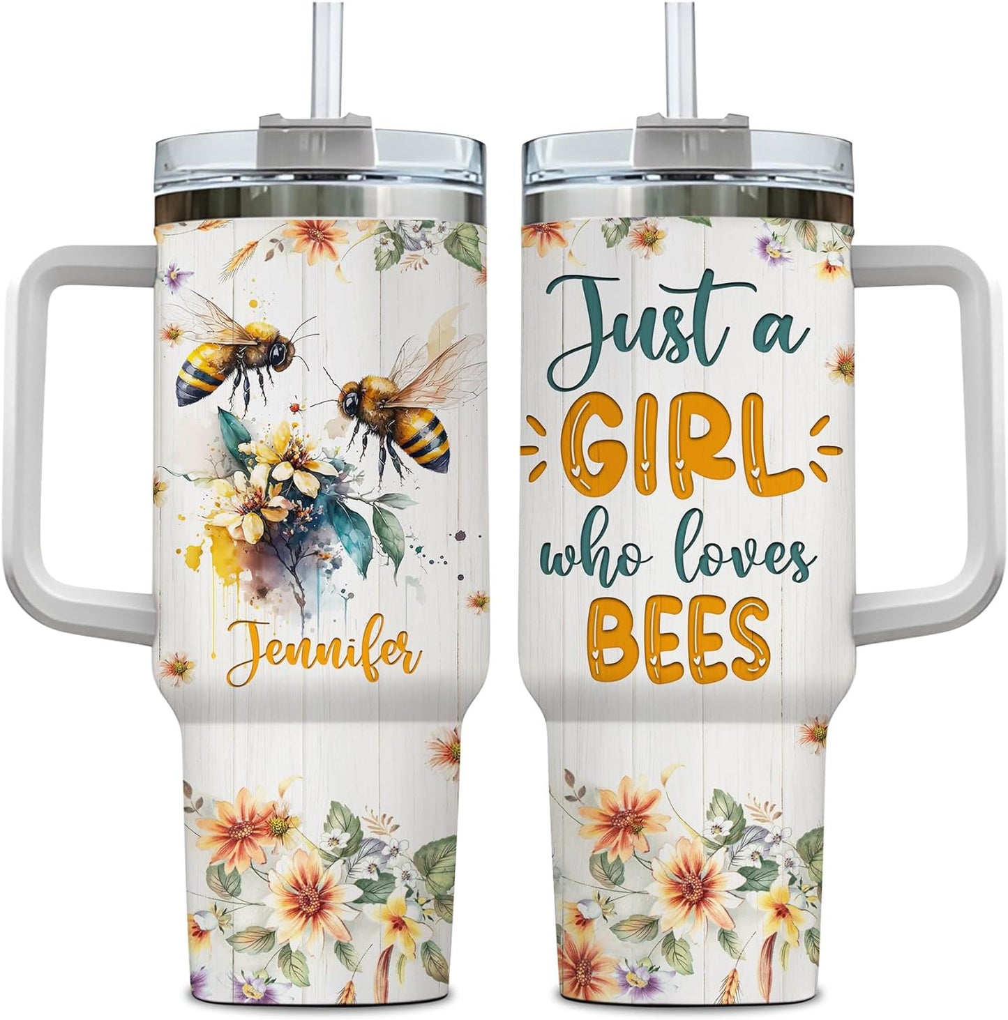 Bee Lover Tumbler 40oz with Handle & Straw – Personalized Stainless Steel Travel Mug with Lid – Cute Gift for Nature & Garden Lovers